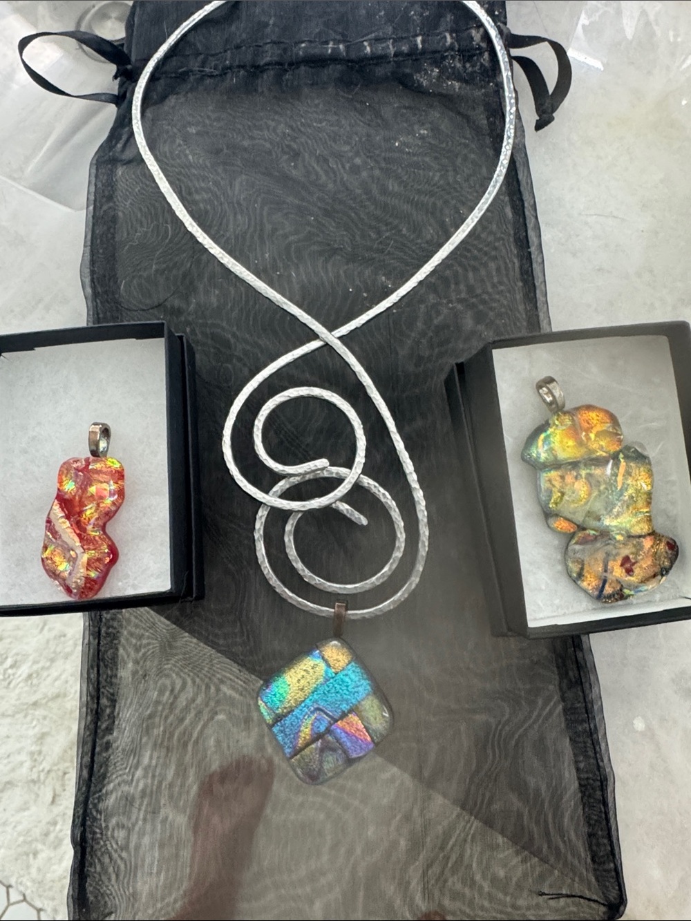 Handmade Dichroic Glass Pendant Necklace with Three Iridescent Charms